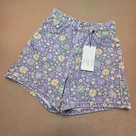 Zara Pants - Zara High-Rise Purple Floral Denim Shorts Sz 2 NWT Button Fly